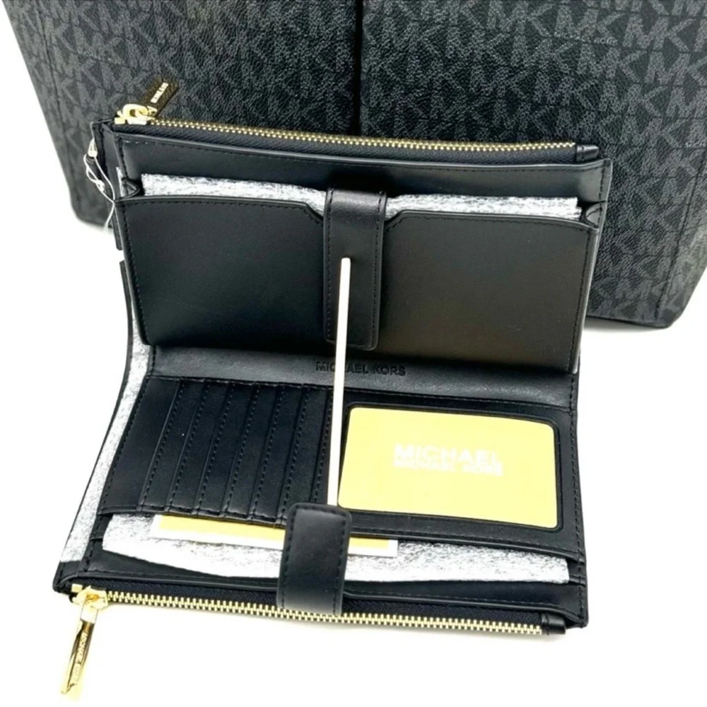 Michael Kors Jet Set Medium Pocket Tote Bag & Double Zip Wallet Black Signature